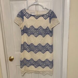 Blue & White Lace Short Sleeve Mini Dress